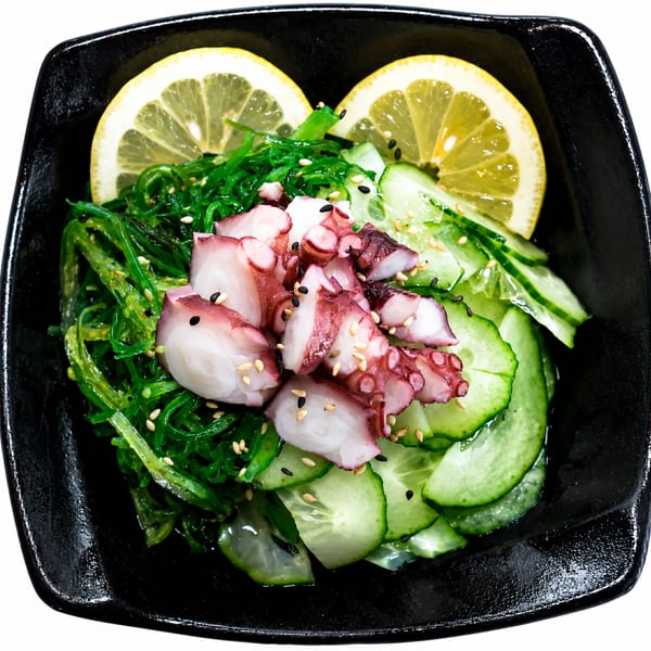 Octopus salad with seaweed, cucumber slices, sesame seeds, and lemon wedges in a black bowl.