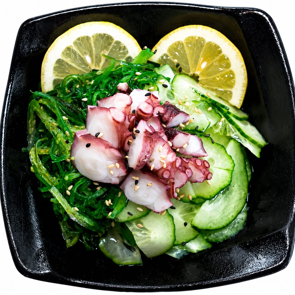 Octopus salad with seaweed, cucumber slices, sesame seeds, and lemon wedges in a black bowl.