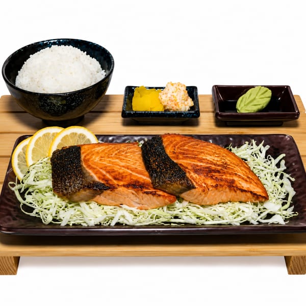 Grilled salmon with lemon slices, shredded cabbage, rice, pickled daikon, and wasabi on a wooden tray.
