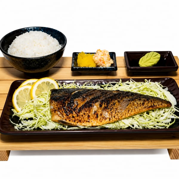 Grilled mackerel with lemon slices and shredded cabbage, served with rice, pickles, and wasabi.